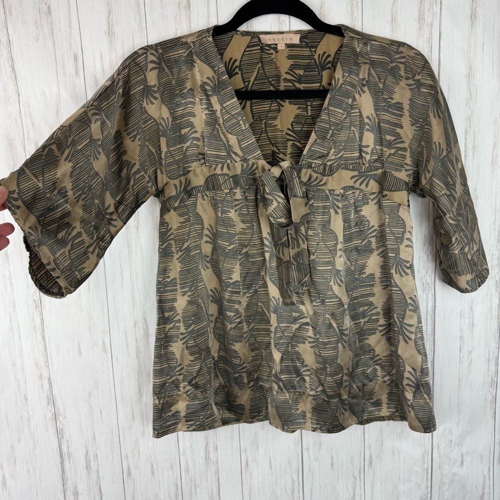 Sandro 100% silk palm leaf babydoll blouse size 1